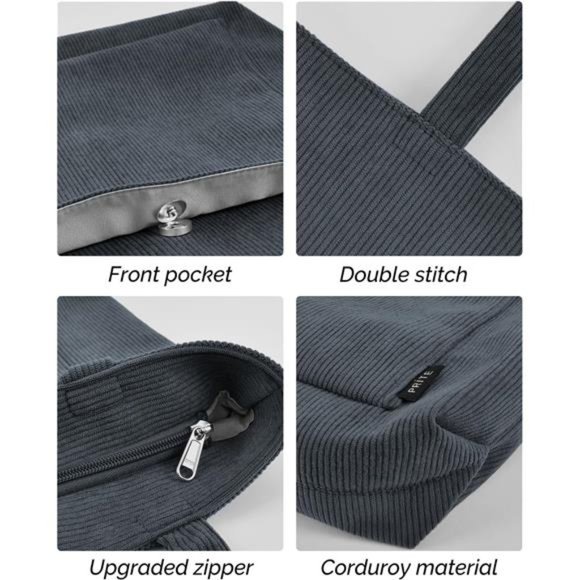 Corduroy Tote Bag for Women Large Shoulder Bag with Zipper and Pockets - Picture 6 of 6